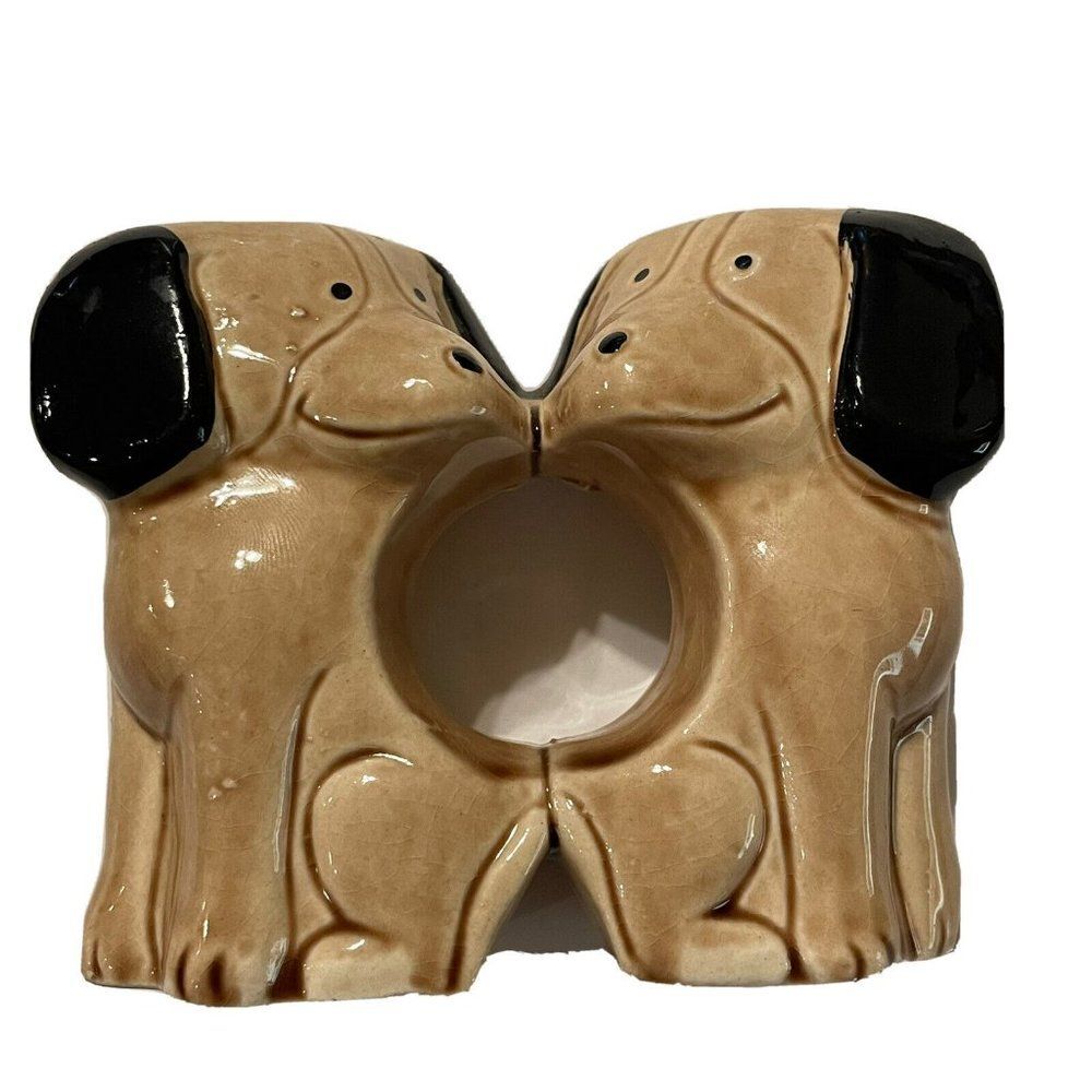 vintage Two In One Brown Dogs Puppy Salt and Pepper Shakers Napkin Ring  Japan